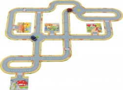 GOKI Pistă auto de podea – 45 de piese + 2 mașinuțe metalice