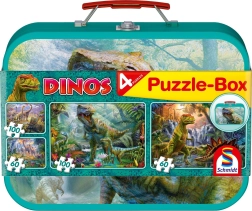 Puzzle pentru copii Dinozauri 4 în 1 în valiză de tablă