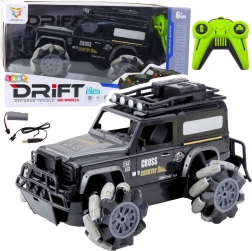 mașină RC off-road pentru drift 1:12, neagră, rotații 360° și LED