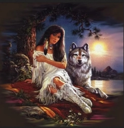 Pictură cu diamante Indiancă cu lup 30 × 40 cm