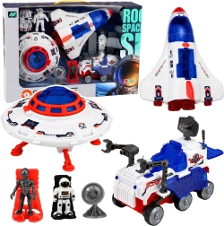 Set cosmic cu OZN, navetă spațială, vehicul de explorare și astronauți
