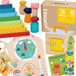 Tooky Toy montessori box educațional 6în1: cutie cu încuietori, pietre de echilibru, panou meteo, numărare 1–10, cărți de colorat și cărticică