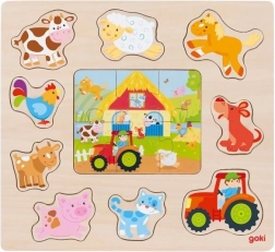 Puzzle și joc de inserție din lemn Goki cu animale de la fermă