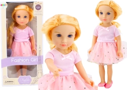 Păpușă în rochie roz cu fustă din tul și păr blond