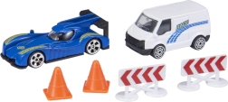 TEAMSTERZ RAPID RACERS – set de curse: mașinuță și camion de asistență cu conuri și bariere
