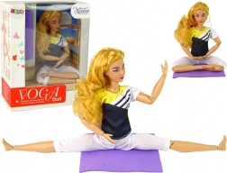 Păpușă de yoga articulată cu păr blond lung și covoraș