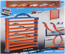 Pistă 3‑în‑1 cu mașinuțe și garaj