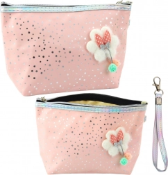 Etui cosmetic praf de fem de culoare roz cu fundiță și strălucire