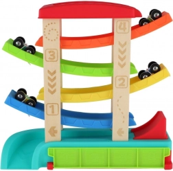 Pistă de curse în cascadă pentru mașinuțe cu 4 vehicule, lemn și plastic, 33 × 32 × 10 cm