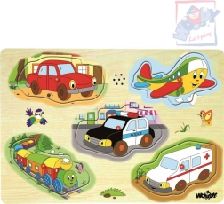 Woody puzzle din lemn cu sunete – mijloace de transport, 5 piese