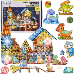 Set de construcție magnetică luminoasă Woopie, parc de dinozauri 3D, 124 de piese