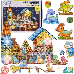 Woopie set de construcție 3D magnetic luminos – parc cu dinozauri, 124 piese