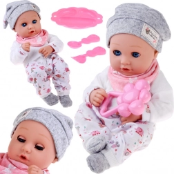 Păpușă bebeluș 32 cm cu pleoape mobile și set pentru hrănire
