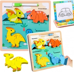Puzzle educativ din lemn cu dinozauri și tablă de desen