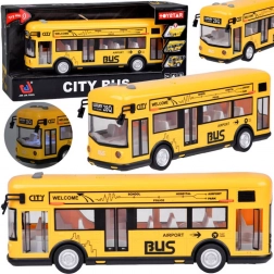 Autobuz urban galben cu lumini, sunete și uși care se deschid