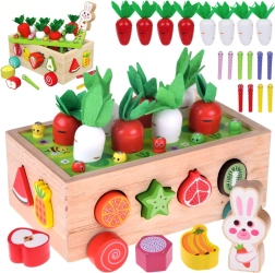 Căruț montessori din lemn pentru grădină cu recoltă de morcovi, forme și viermișori magnetici