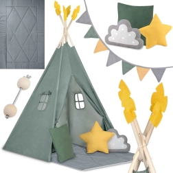 Cort teepee pentru copii Nukido verde cu saltea și perne