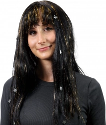 Perucă cu păr negru decorată cu dungi aurii și stele