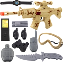 Set militar cu pușcă și accesorii, sunet de împușcătură, camuflaj nisipiu