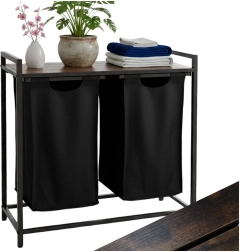 Coș de rufe cu două compartimente, poliță și blat, design loft, 76 l