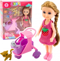 Mini păpușă cu cărucior și pisicuțe