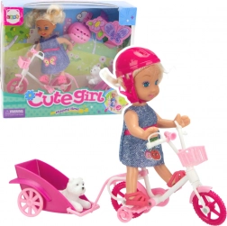 Set mini păpușă cu bicicletă, remorcă și cățeluș alb