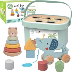 Woopie Green set educațional 3‑în‑1: cutie cu sortator, piramidă ursuleț și elefant de tras