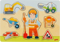 Puzzle din lemn cu piese de introdus – muncitor în construcții GOKI