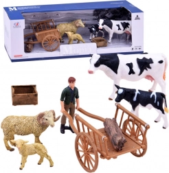 Set de figurine fermă – vacă, vițel, berbec, oiță și fermier cu țarc pentru animale – C