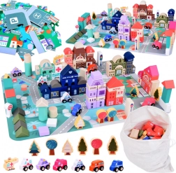 Set de lemn pastelat Oraș cu covoraș de puzzle pentru joacă