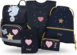 Set școlar Baagl 5 piese Ergo Unicorn Gold – ghiozdan, penar, săculeț, șorț și portofel