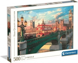 Puzzle 500 piese CLEMENTONI – Podul Westminster, Big Ben și autobuz roșu