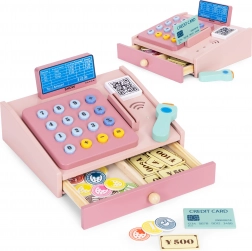 Casă de marcat din lemn pentru copii cu scanner, monede și card de plată