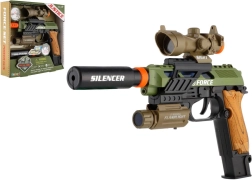 Pistol de plastic cu lumină și sunet, pe baterii, cu accesorii