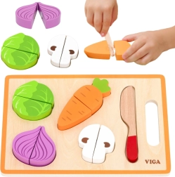 Viga set Montessori din lemn cu legume de tăiat, cu tocător și cuțit