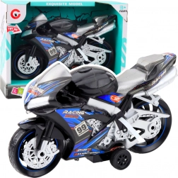 motocicletă de curse albastru-negru cu efecte de lumină și sunet