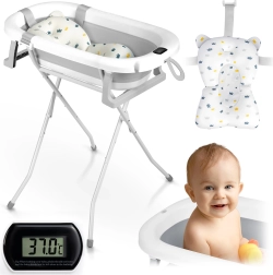 Cădiță pliabilă pentru copii cu suport, termometru și insert Ricokids, alb‑gri