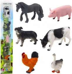 Mini figurine animale domestice 3–5 cm – cal, vacă, porc, câine, cocoș și gâscă, set 6 buc