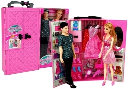 Set de păpuși băiat și fată cu garderobă și hăinuțe în valiză