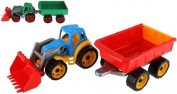 Tractor din plastic colorat cu încărcător și remorcă