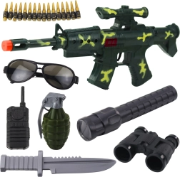 Set militar pentru copii cu pușcă și accesorii, sunet mecanic de împușcare, khaki