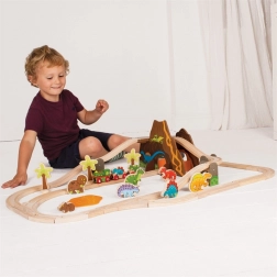 Set feroviar din lemn cu dinozauri BIGJIGS RAIL, 49 piese