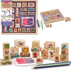 Melissa & Doug set creativ ștampile din lemn Grădina zânelor (20 de motive, cerneală și creioane colorate)