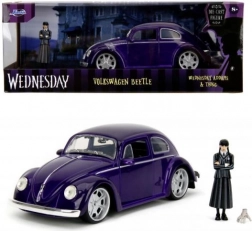 model metalic de mașină 1972 VW Beetle 1:24 cu figurina Wednesday Addams