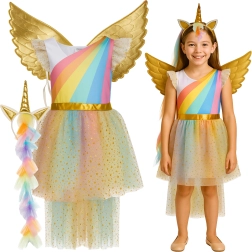 Costum pentru copii unicorn KRUZZEL, set din 3 piese (rochie, aripi, bentiță)