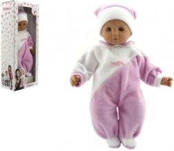 Păpușă bebeluș 50 cm cu corp textil, salopetă roz-alb