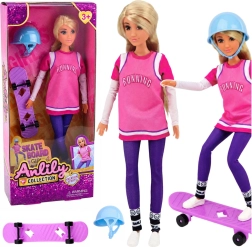 Anlily, skateboardistă – păpușă cu skateboard mov și cască 30 cm