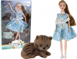 Păpușa Emily de primăvară cu păr lung în rochie albastră și pisoiaș