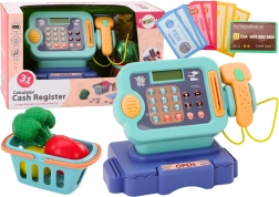 Casă de marcat albastră pentru copii cu monede și coș