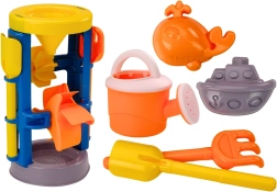 Set mare pentru nisip cu moară, lopățică, greble, stropitoare și forme